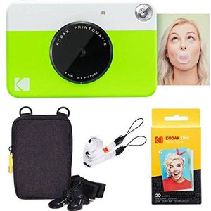 KODAK Printomatic Instant Camera (Groen) Basispakket + Zinkpapier (20 vellen) Etui + Comfortabele halsriem