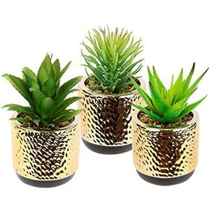 Mini plantenset vetplanten in goudkleurige keramische pot met decoratieve stenen kunstplanten in potje kunstmatige planten groene planten Agage cactussen vetplant cactus kamerplant decoratie