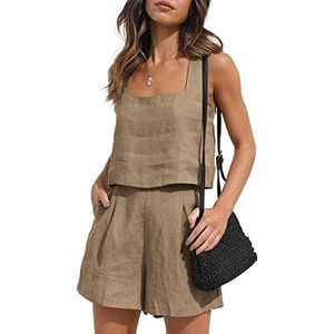 AUTOMET Dames Zomer 2-delige outfits Vakantie Casual Trendy Shorts Bijpassende Sets Mouwloze Casual Linnen Outfits 2024, Coffeegrey, S