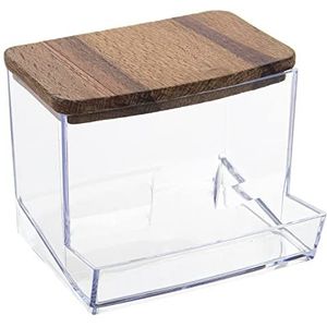 DRW Acryl en hout voor wattenstaafjes, transparant, natuurlijk, 11 x 6 x 9 cm