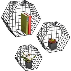 Relaxdays wandrek metaal - zwart hangrek in set van 3 - hangend rek industrieel - hexagon