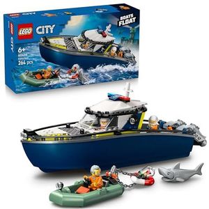 LEGO City Achtervolging met Politieboot, Drijvend Boot Speelgoed voor Kinderen met 2 Bootjes, 3 Minifiguren en Haaienfiguur, Cadeau voor Jongens en Meisjes vanaf 6 Jaar - 60456