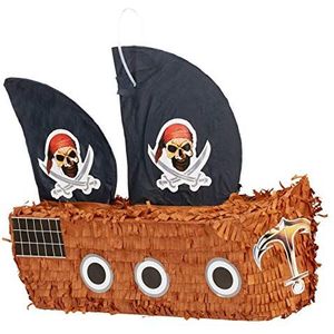 Relaxdays pinata piratenboot, zelf vullen, ophangen, HBD: ca. 35 x 44 x 15 cm, piratenschip, kinderfeestje, kleurrijk