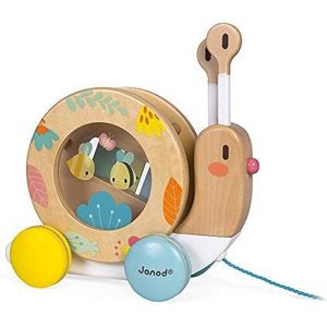 Janod - Wooden Pure Pull-Along Snail - Wooden Toy with Xylophone and Tambourine - Water Based Paint - Educational Musical Early Learning Toy - from 1 Year Old, J05159