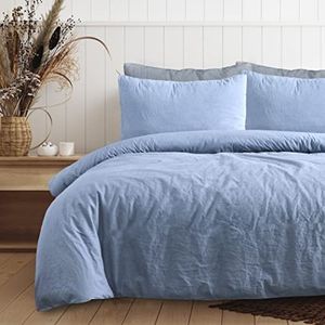 Sleepdown 100% puur katoen effen kleurstof denim blauw dekbedovertrek quilt kussensloop beddengoed set zacht onderhoudsvriendelijk - eenpersoons (135 cm x 200 cm)