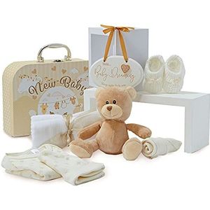 Baby Box Shop Nieuwe geschenkmand voor babyfeestjes - met fleece, handdoek met capuchon, babykleding, 2 gaasdoeken en schattige bruine teddybeer