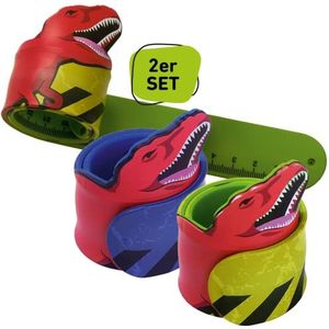 moses. T-Rex klikarmband voor kinderen, set van 2, groen en blauw, 2-in-1 dino snapband en 30 cm liniaal