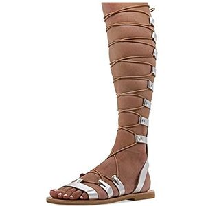 Zilver 38 Emmanuela knie-hoge lederen sandalen in oude Griekse stijl, handgemaakte platte gladiator sandalen met open tenen, hoge kwaliteit zomer schoenen voor het vastbinden voor vrouwen