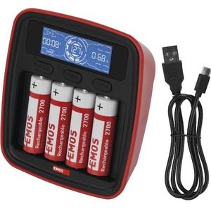 EMOS Professionele acculader NiMH, NiCd incl. 4X AA-batterij, snellader 1000/500 mA, voor 1-4x AAA/AA batterijen, met USB/micro-USB-kabel, LED-display, accubescherming, veiligheidsfuncties, zwart,