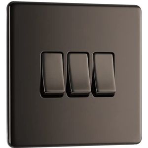 BG Electrical Schroefloze platte plaat drievoudige lichtschakelaar, zwart nikkel, 2-weg, 10AX