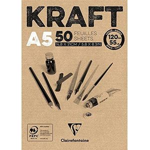 Clairefontaine - Ref 975814C - Kraft Paper Pad (50 vellen) - A5 (210 x 148mm) formaat, 120gsm papier, zuurvrij, pH neutraal - Geschikt voor schilderen & tekenen - Bruin