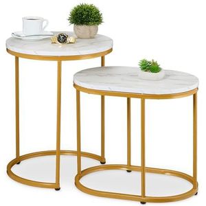 Relaxdays salontafel, set van 2, bijzettafel rond & ovaal, marmer look, metalen poten, woonkamer, wit-goud