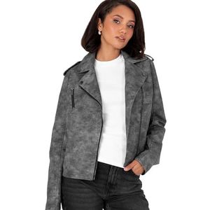 Lovedrobe Dames Biker Jacket Dames Zacht Faux Leather PU Studded Collar Distressed Lange Sleeve Zip Zakken Casual Coat, Zwart 38, zwart, 38