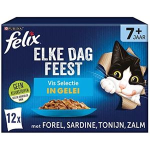 Felix Elke Dag Feest Senior Vis Selectie kattenvoer, natvoer met Tonijn, met Zalm, met Forel en met Sarndine in Gelei 12x85g - doos van 4 (48 portiezakjes, 4,08kg)