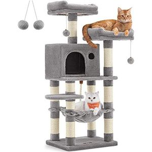 FEANDREA Krabpaal, stabiele kattentoren, 2 pluche zitstokken, 112 cm, lichtgrijs PCT215W