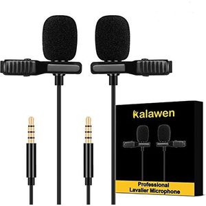 Kalawen Lavalier microfoon 2 omnidirectionele condensatormicrofoon voor 3,5 mm Android smartphone, iPhone, pc en camera met twee 2 m microfoonverlengkabel voor interview, videoconferentie, podcast