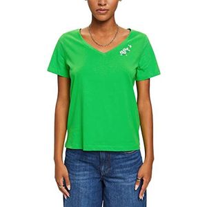 edc by ESPRIT T-shirt met V-hals en bloemenborduurwerk, groen, XS