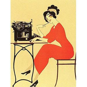 Wee Blue Coo Advertentie schrijfmachine vrouw rode jurk schrijven USA Art Print Poster muur Decor 12X16 Inch