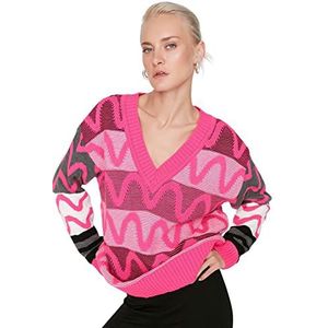 Trendyol Dames V-hals Colorblock Oversize Sweater Sweater Roze, S, roze, S