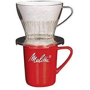 Melitta Koffieset, koffiehouder voor filterzakken en porseleinen kopje, koffiefilter 1x2 Premium, kunststof en porselein, transparant en rood, 217946
