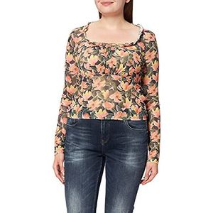 NA-KD Mesh Top Shirt met ruches voor dames, Oranje bloem, XXS