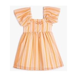 Koton Babygirls Ruffle Korte Mouwen Katoen Gevoerd Bloem Geborduurd Detail Jurk, Oranje Streep (2s1), 18-24 maanden