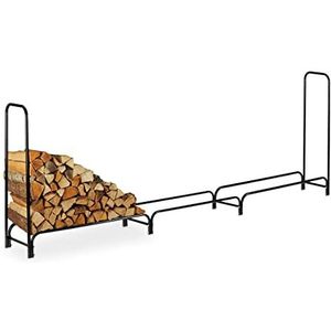Relaxdays brandhoutrek metaal, HBD: 122 x 370 x 38,5 cm, buiten, groot rek voor brandhout, houtopslag stookhout, zwart