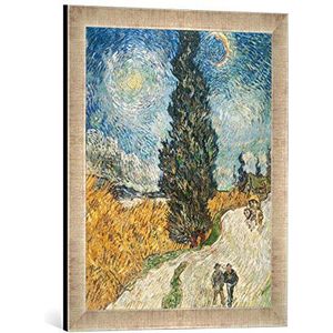 Ingelijst beeld van Vincent van Gogh ""Cypressenweg onder de sterrenhemel"", kunstdruk in hoogwaardige handgemaakte fotolijst, 40x60 cm, zilver raya
