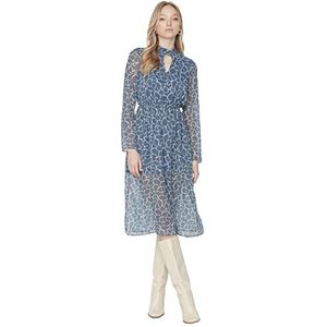 Trendyol Geometrische midi-jurk met lange mouwen voor dames, normale zakelijke jurk, blauw, 40