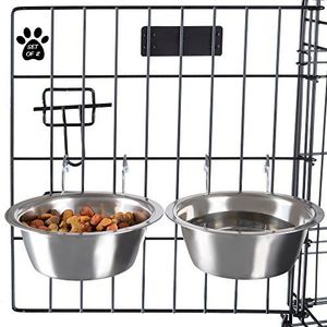 Set van 2 roestvrijstalen hondenbakken - kooi, kennel en krat hangende voerbakken voor voedsel en water - 590 ml elk en vaatwasmachinebestendig van PETMAKER, zilver