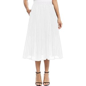 EXCHIC Casual chiffon elastische taille A-lijn geplooide midi-rok met zak, Wit, L