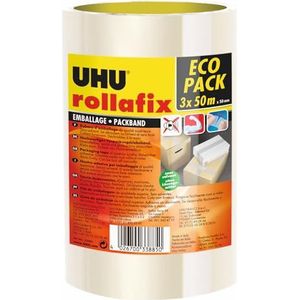 UHU Rollafix Verpakkingstape, hoogwaardig plakband, transparant, 3 x 50 m