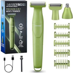 BarberBoss Detailtrimmer voor heren, 3-in-1 verzorgingsset voor heren, baard, haartrimmer, lichaamstoner, neus en oortrimmer, draadloos scheerapparaat, multifunctioneel scheerapparaat, QR-2302 (Groen)