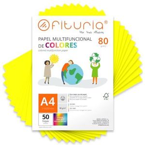 Kleurpapier, verpakking met 50 vellen A4, 80 g, kleurrijk papier voor knutselwerk, printer, scrapbooking, ideaal voor Origami, Papyroflexia, kantoor en school (neongeel, 50 h)