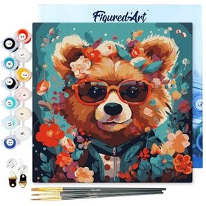 Figured'Art Mini Schilderen op Nummer Volwassenen 20x20cm met Fantasie beer en bloemen - Klein Formaat Creatieve Hobby Kit DIY Art Nummer Compleet