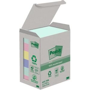 Post-it Recycling Notities Verschillende kleuren, set van 6 pads, 100 vellen per pad, 38 mm x 51 mm, groen, roze, geel, blauw - 100% gerecycled papier, verpakking kan variëren