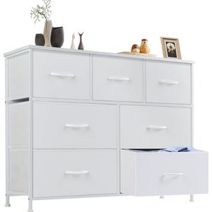 DUMOS Commode voor slaapkamer met stoffen laden hoge organizer voor kleding kast kinderkamer opbergtoren met kast metalen frame houten plaat licht