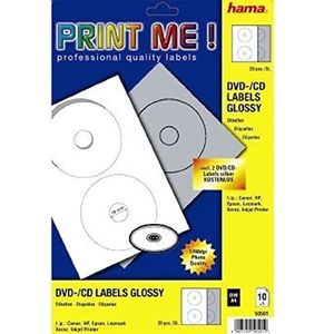 Hama - PrintMe DVD-etiketten, glanzend, A4-formaat, 10 vellen, wit, capaciteit 20 vellen (zilver)
