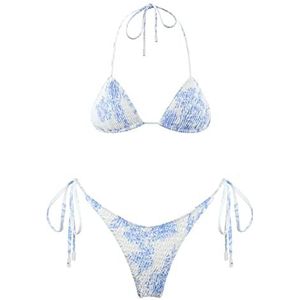 VOLAFA Driehoekige bikiniset voor dames, zwembad met koordjes, bedrukt, stropdas, gesmokt, ruches, tweedelig badpak, Lichtblauw, 6