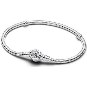 Pandora Moments Blühende Rose Verschluss Schlangen-Gliederarmband aus Sterling Silber, Kompatibel mit Pandora Moments, Größe:17, 593211C00-17