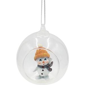 Glazen bol met hanger - sneeuwpop met muts en sjaal in oranje en grijs, L/B/H 8 x 7 x 8,5 cm