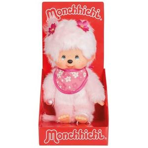 Sekiguchi 767020 - originele Monchhichi kersenbloesem voor meisjes, pluche figuur met slabbetjes en vlechten met bloemen, ca. 20 cm groot knuffeldier van roze pluche