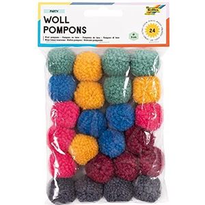 folia 50241 wollen pompons, party, 24 stuks, gesorteerd in 6 kleuren, ca. 3 cm diameter, ideaal voor kleurrijk knutselwerk, meerkleurig