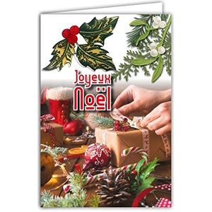 Afie 61-6044 wenskaart Vrolijk Kerstmis met envelop en collage in Relax bladeren van goud glanzend fonkelend rode bessen maretak verpakking geschenk dennenappels bal suikerstok laarzen