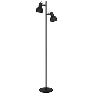 EGLO Vloerlamp Casibare, 2-lichts staande lamp in industrieel en monochroom design, staanlamp voor woonkamer van zwart metaal, met trapschakelaar, E27 fitting