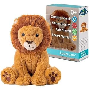 Cloud b Kalmerende geluidsmachine, pluche dier, 4 witte geluiden en 4 slaapliedjes, automatische uitschakeling, slimme sensor, muzikaal pluche slaapliedje, Louis Lion Smart Sensor