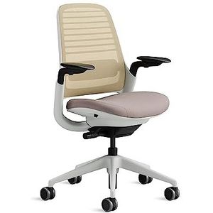 Steelcase Series 1 Ergonomische, in hoogte verstelbare bureaustoel met verstelbare lendensteun en armleuningen, ademend beige Netwave stof en grijs/oranje stoelbekleding