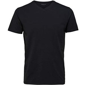 SLHNEWPIMA T-shirt met V-hals voor heren, effen basic shirt met korte mouwen, stretch katoen, zwart (blackblack)., XXL