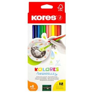 Kores - Acuariën: 12 waterkleurstiften voor kinderen, beginners en volwassenen met zachte vulling en in driehoekige vorm, school- en kunstbenodigdheden, set van 12 gesorteerde kleuren