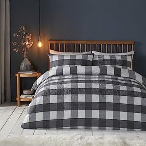 Fusion Snug - Seersucker Gingham Check - Geborsteld Dekbedovertrek Set - Super-King Bed Maat in Houtskool